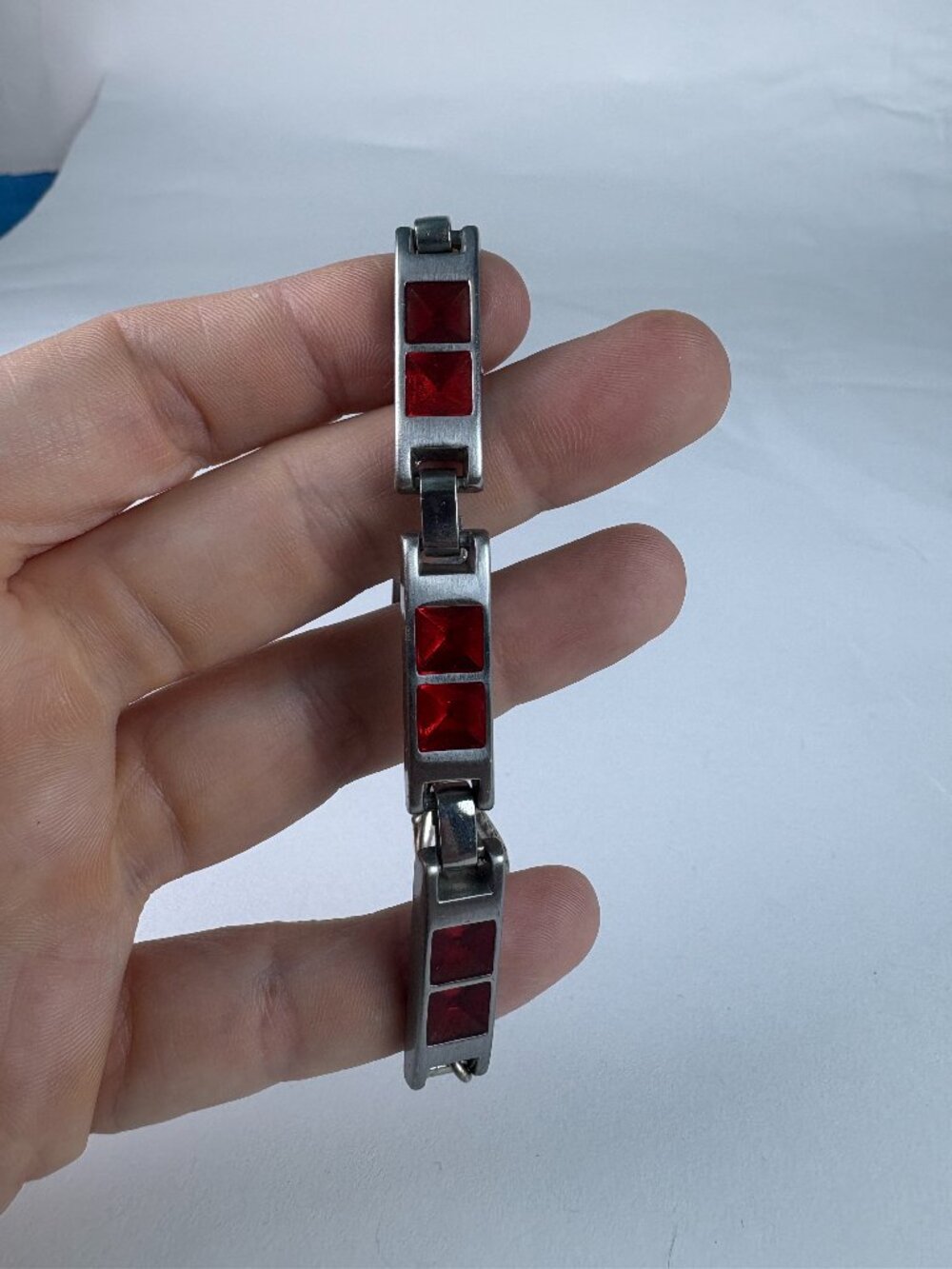 Pescallo Red Rhinestone Link Bracelet | Silver Tone Geometric Statement Bracelet